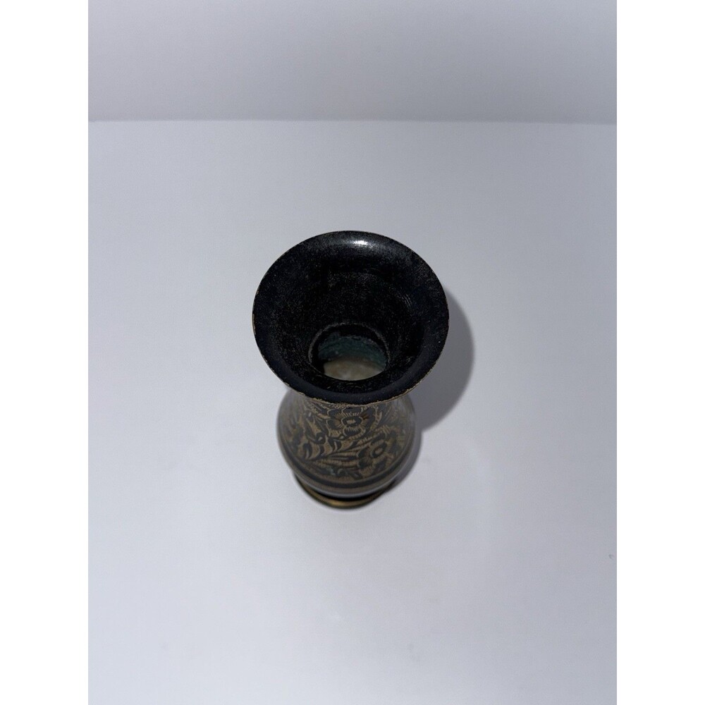 Vintage Black & Gold Etched Brass Bud Vase – 5.5” Floral Design India Style Boho - Picture 2 of 5
